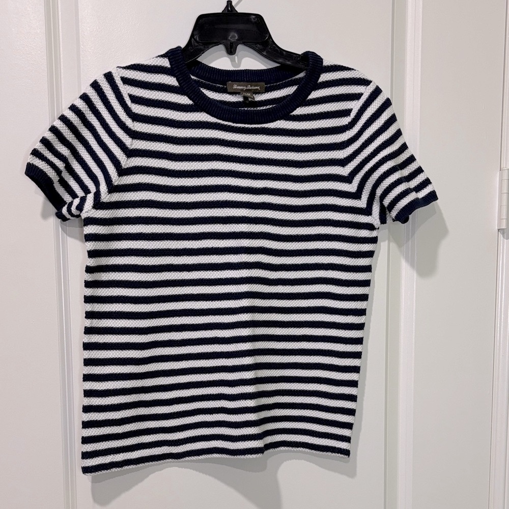 Tommy Bahama Striped Short Sleeve Cotton Sweater Navy White Size Medium